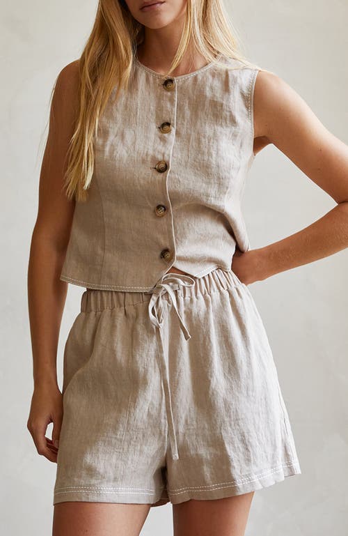 Crescent Contrast Stitch Linen Shorts In White