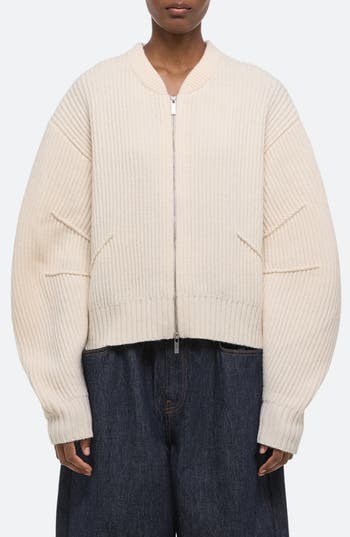 Helmut Lang Apex Wool Blend Rib Knit Bomber Jacket In White