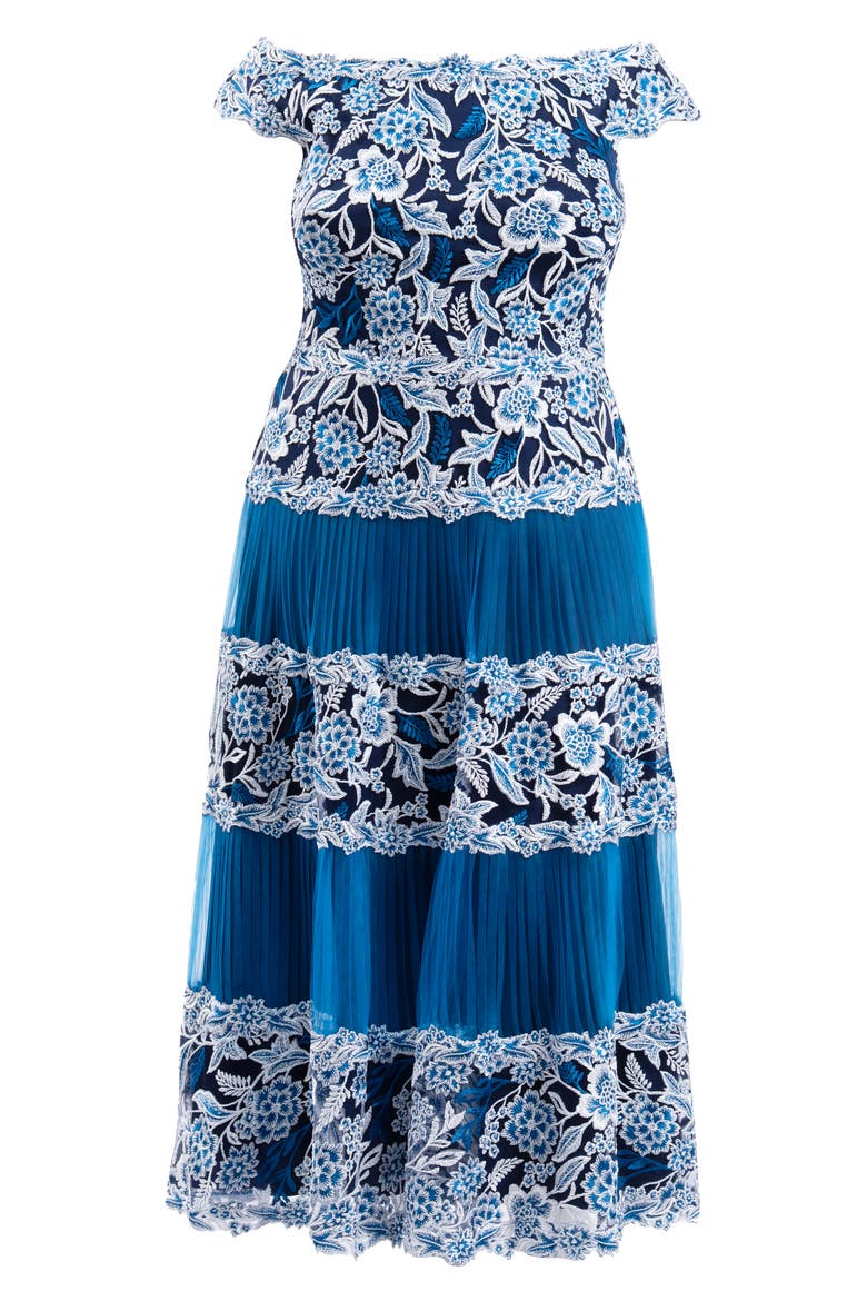 Floral Embroidery Pleated Off the Shoulder Midi Dress, Alternate, color, PACIFIC BLUE