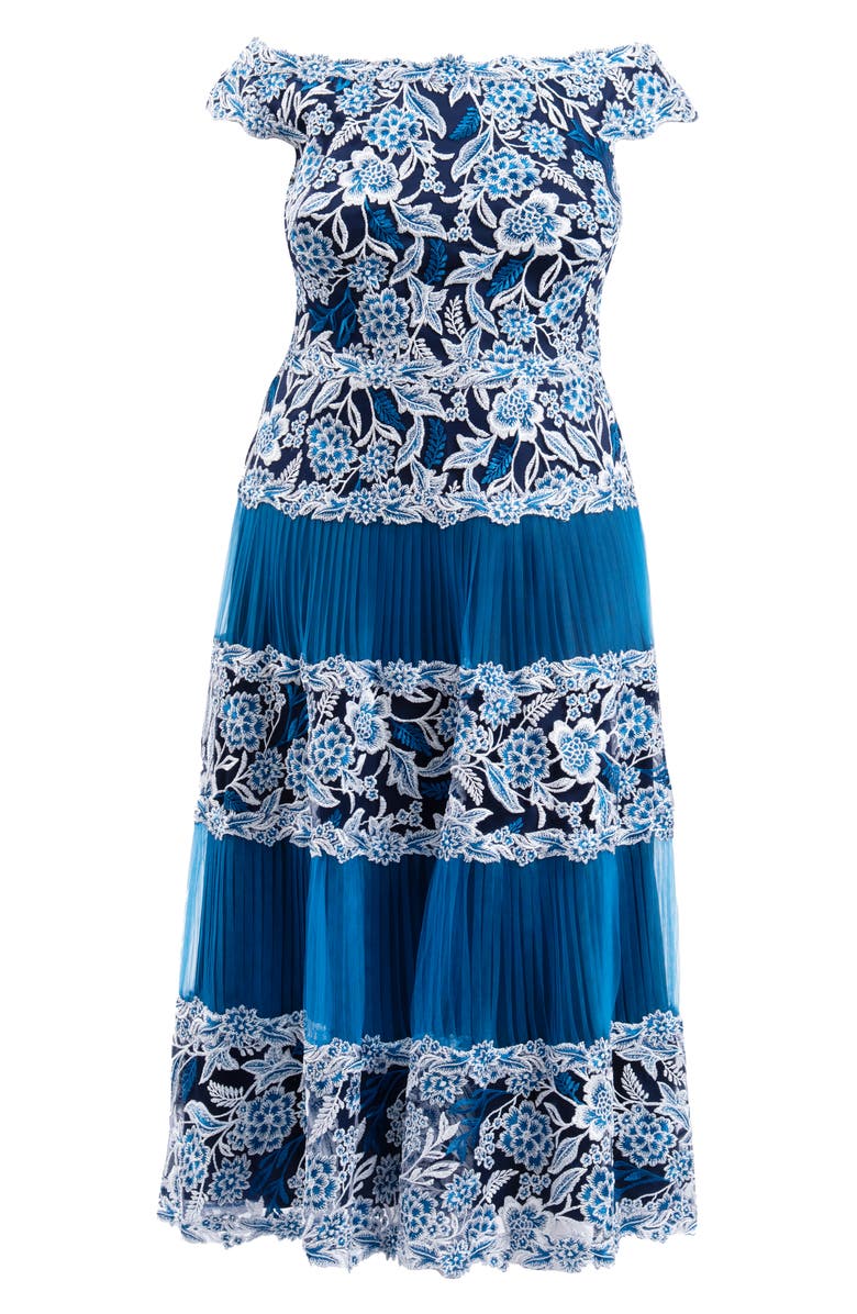 Tadashi Shoji Floral Embroidery Pleated Off the Shoulder Midi Dress, Alternate, color, Pacific Blue