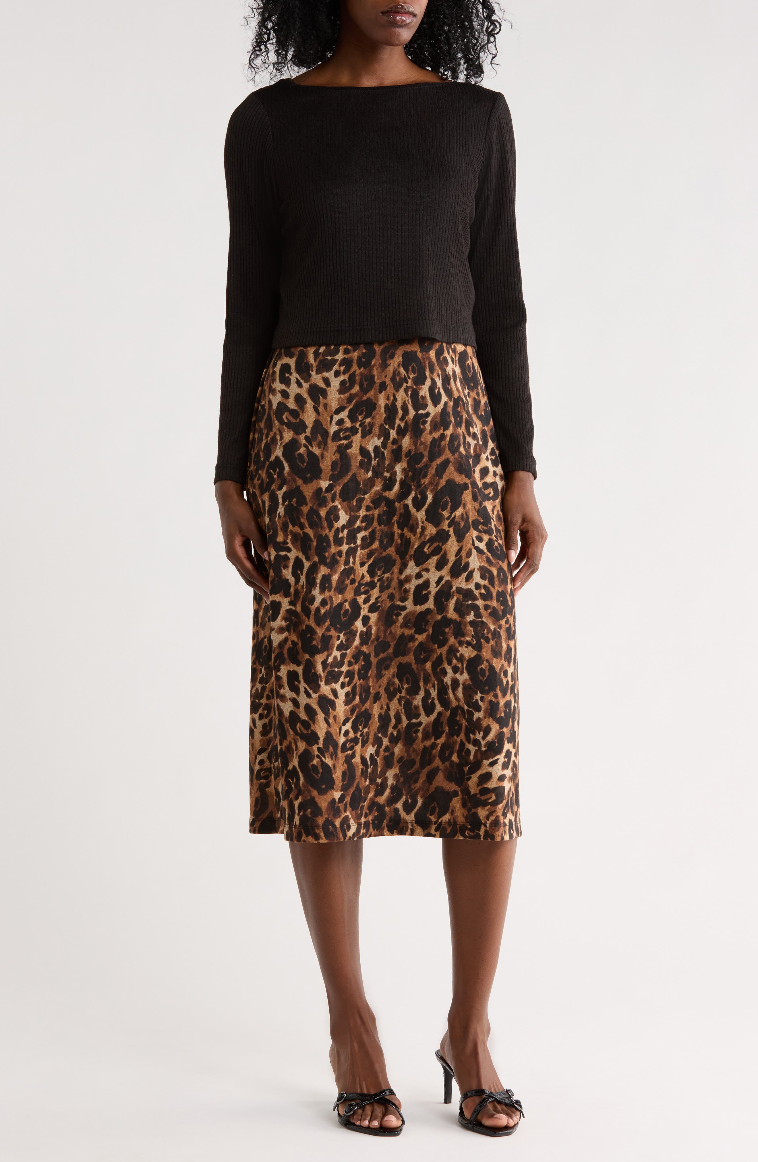 Overlay Mixed Media Long Sleeve Dress