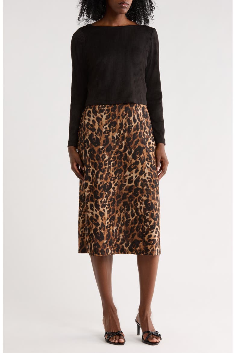 Overlay Mixed Media Long Sleeve Dress, Main, color, BROWN