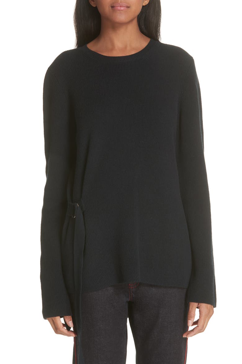 Side Buckle Rib Knit Sweater, Main, color, BLACK