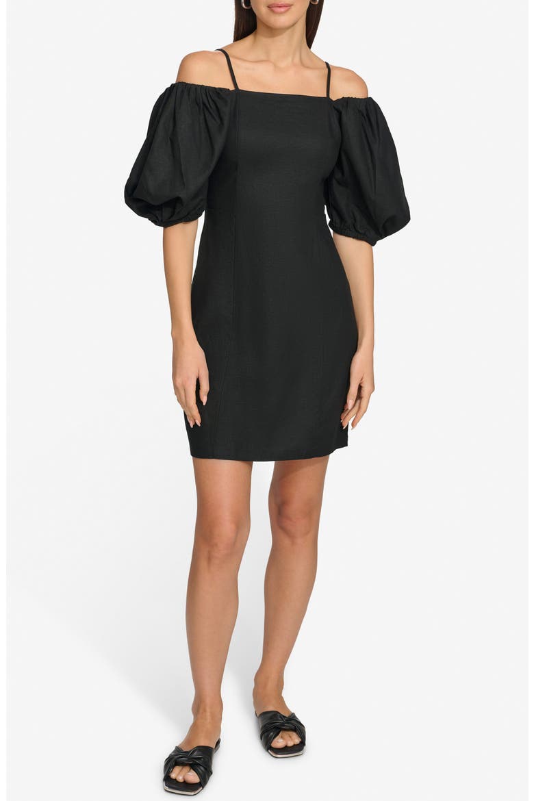 Puff Sleeve Linen Blend Sheath Dress, Main, color, BLACK