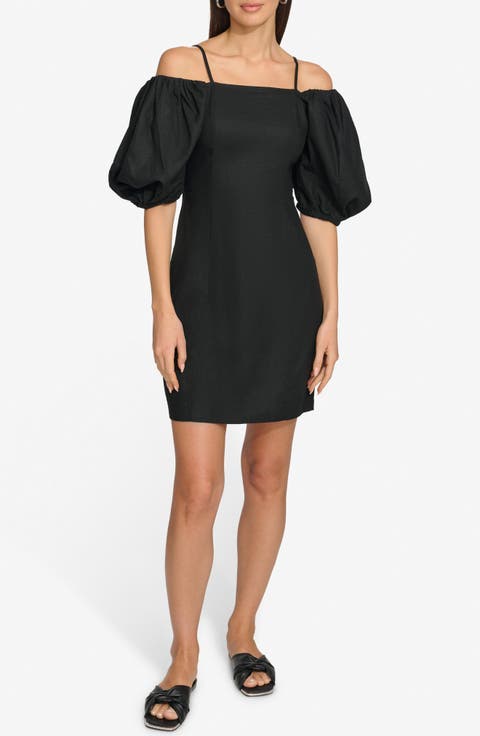 Puff Sleeve Linen Blend Sheath Dress