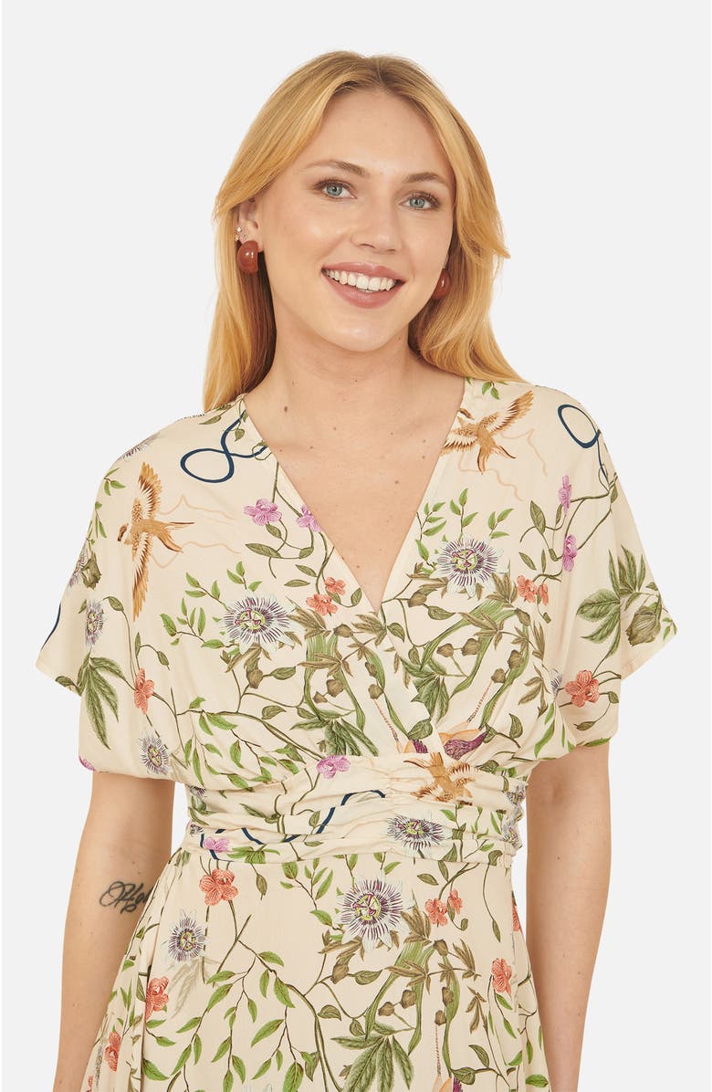 Yumi Short Sleeve V-Neck Ruched Midi Dress, Alternate, color, White