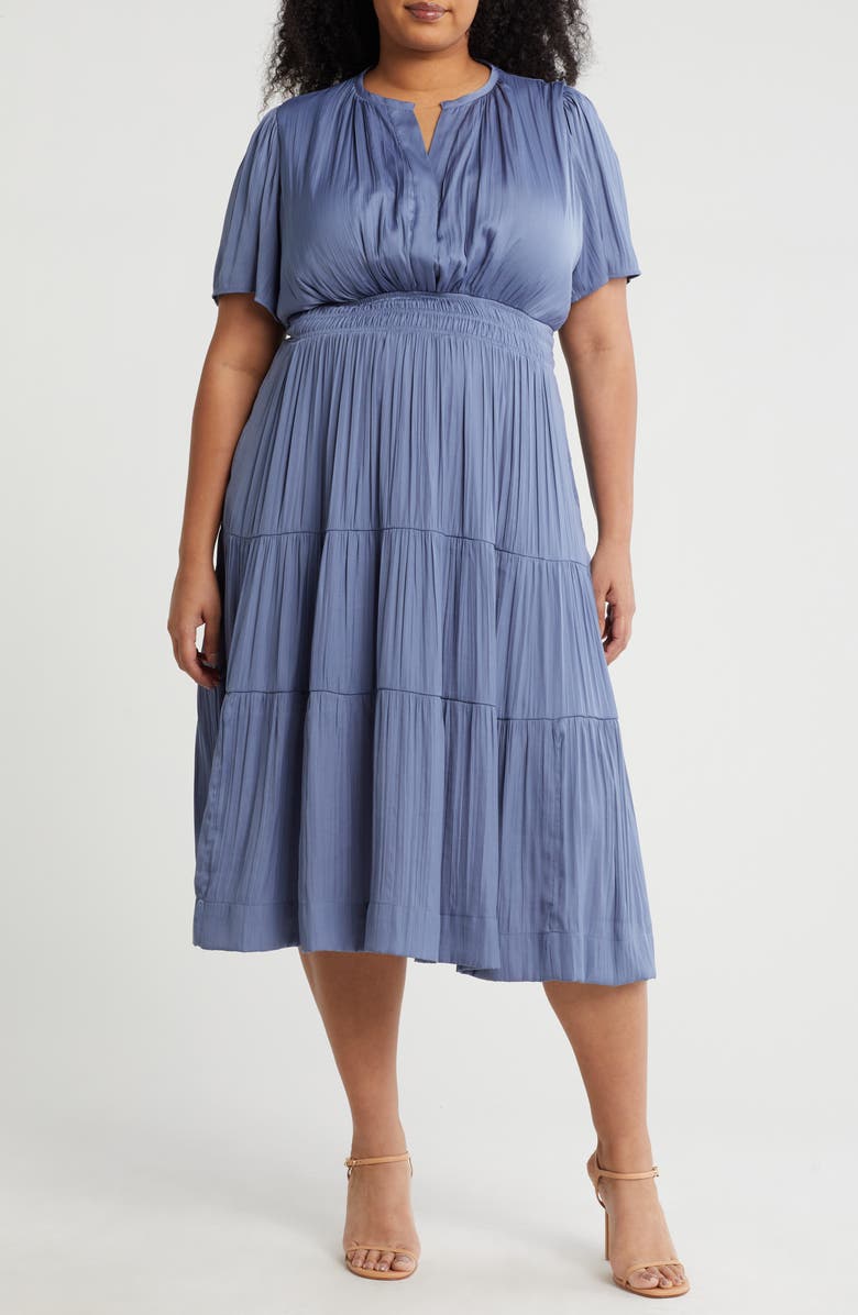 T Tahari Pleated Short Sleeve Tiered Maxi Dress, Main, color,