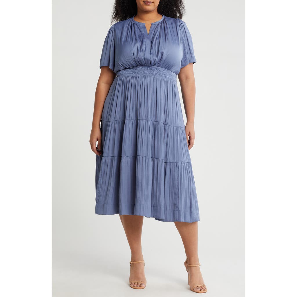 T Tahari Pleated Short Sleeve Tiered Maxi Dress In Slate