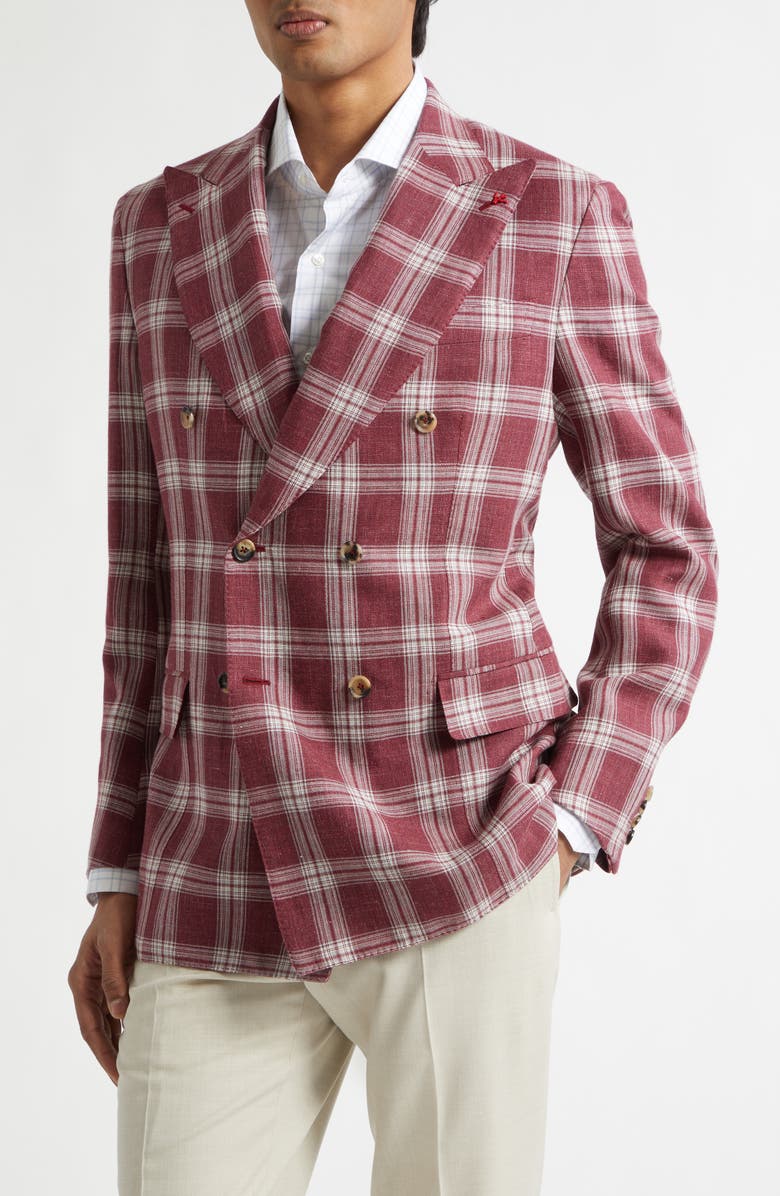 ISAIA Delave Plaid Linen & Wool Sport Coat, Alternate, color, Dark Red
