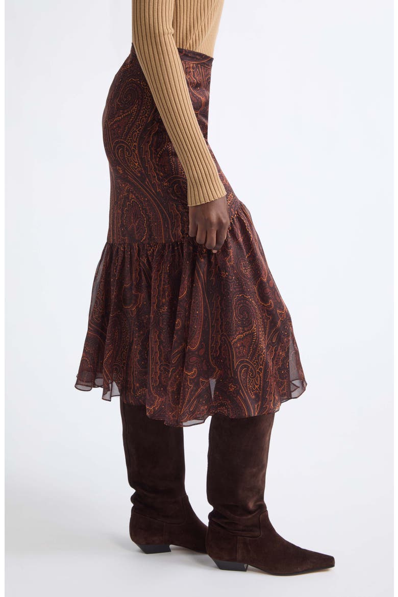 Paisley Print Asymmetric Silk Skirt, Alternate, color, BLACK/ BORDEAUX