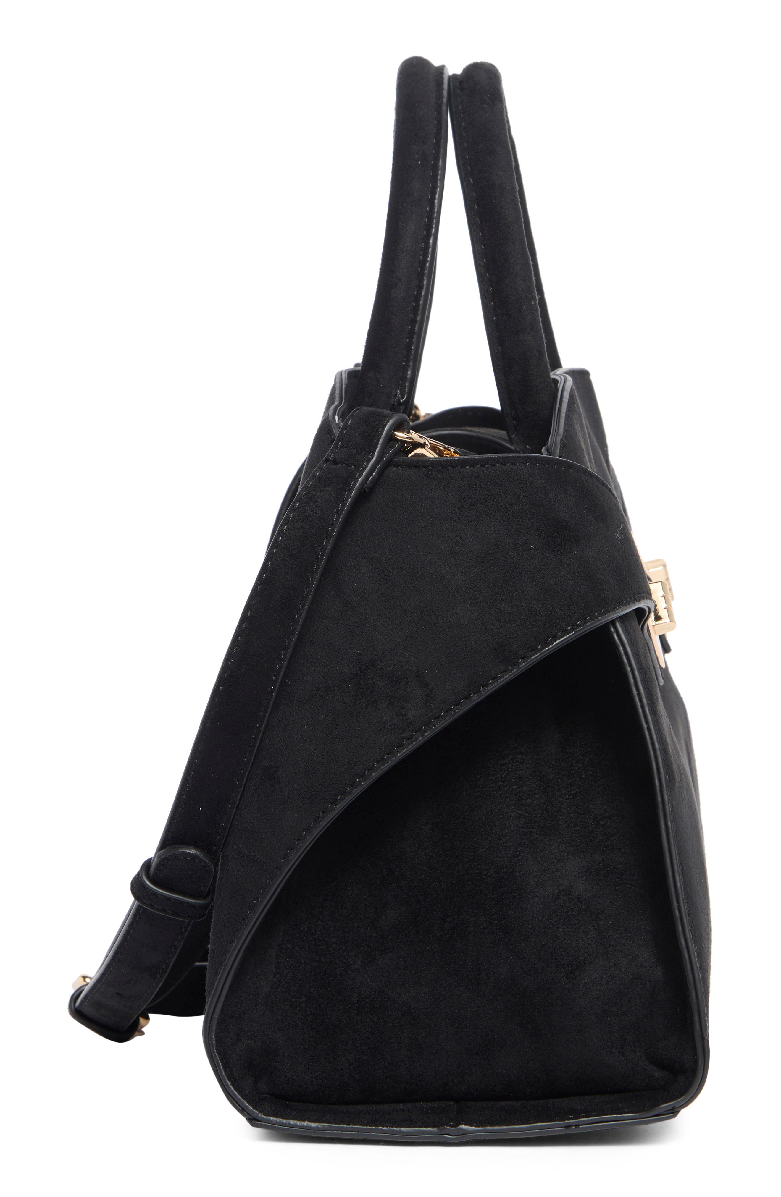 URBAN EXPRESSIONS HANDBAGS Faux Suede Double Buckle Satchel, Alternate, color, Black