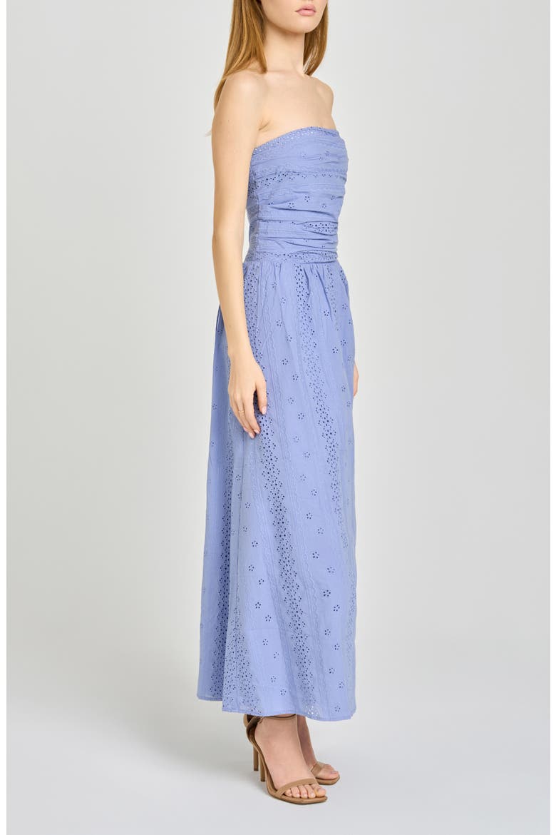 Pippa Gathered Eyelet Strapless Cotton Midi Dress, Alternate, color, CHAMBRAY