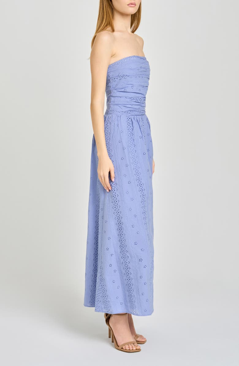 WAYF Pippa Gathered Eyelet Strapless Cotton Midi Dress, Alternate, color, Chambray
