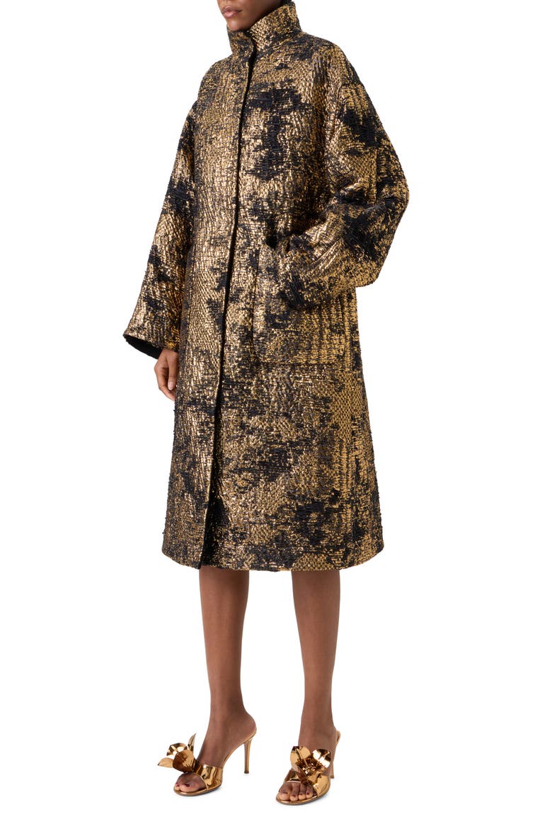 Metallic Jacquard A-Line Coat, Alternate, color, BLACK-GOLD