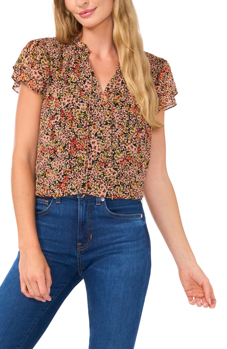 CeCe Print Ruffle Sleeve Tie Neck Top, Main, color,