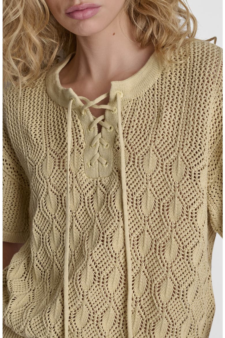 Lace-Up Placket Short Sleeve Semisheer Cotton Blend Pointelle Sweater, Alternate, color, MOJAVE DESERT