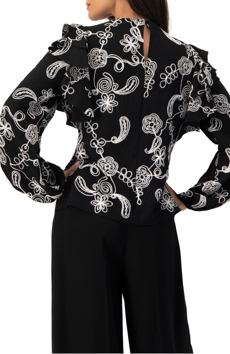IVONNE Blouse with White Embroidery and Ruffle Detail, Alternate, color, Black