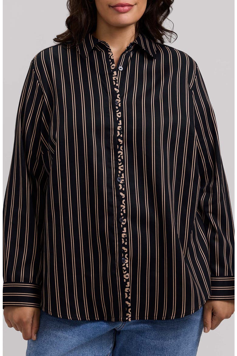 Charlie Stripe Animal Print Trim Cotton Button-Up Shirt, Main, color, BLACK/ ALMOND
