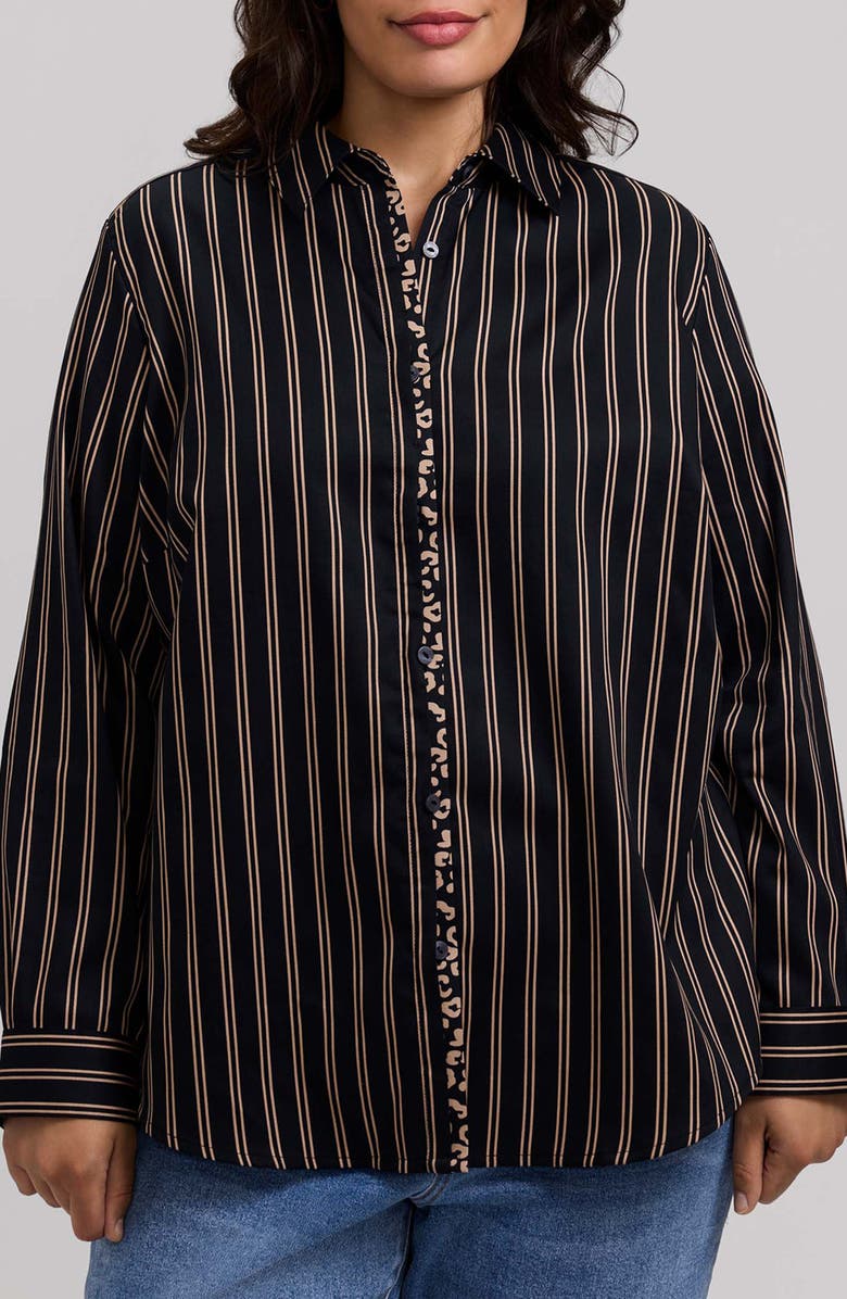 Foxcroft Charlie Stripe Animal Print Trim Cotton Button-Up Shirt, Main, color, Black/ Almond