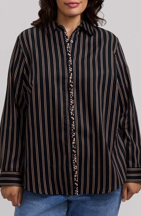 Charlie Stripe Animal Print Trim Cotton Button-Up Shirt (Plus)