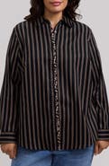 Foxcroft Charlie Stripe Animal Print Trim Cotton Button-Up Shirt