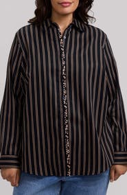 Foxcroft Charlie Stripe Animal Print Trim Cotton Button-Up Shirt