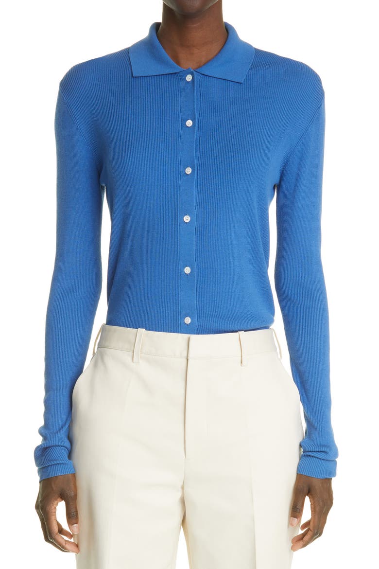 Rib Button-Up Polo Silk Sweater, Main, color, CORNFLOWER