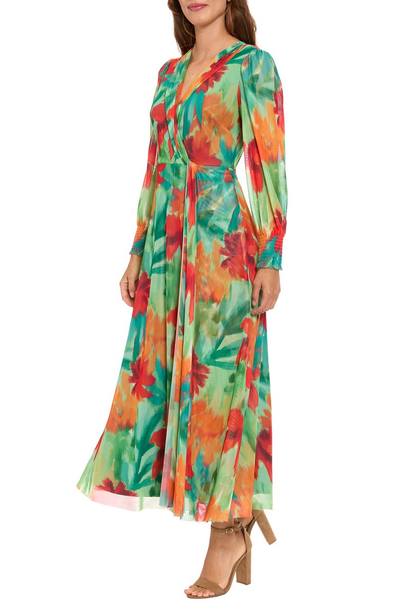 London Times Long Sleeve Mesh Maxi Dress, Alternate, color, Orange Green