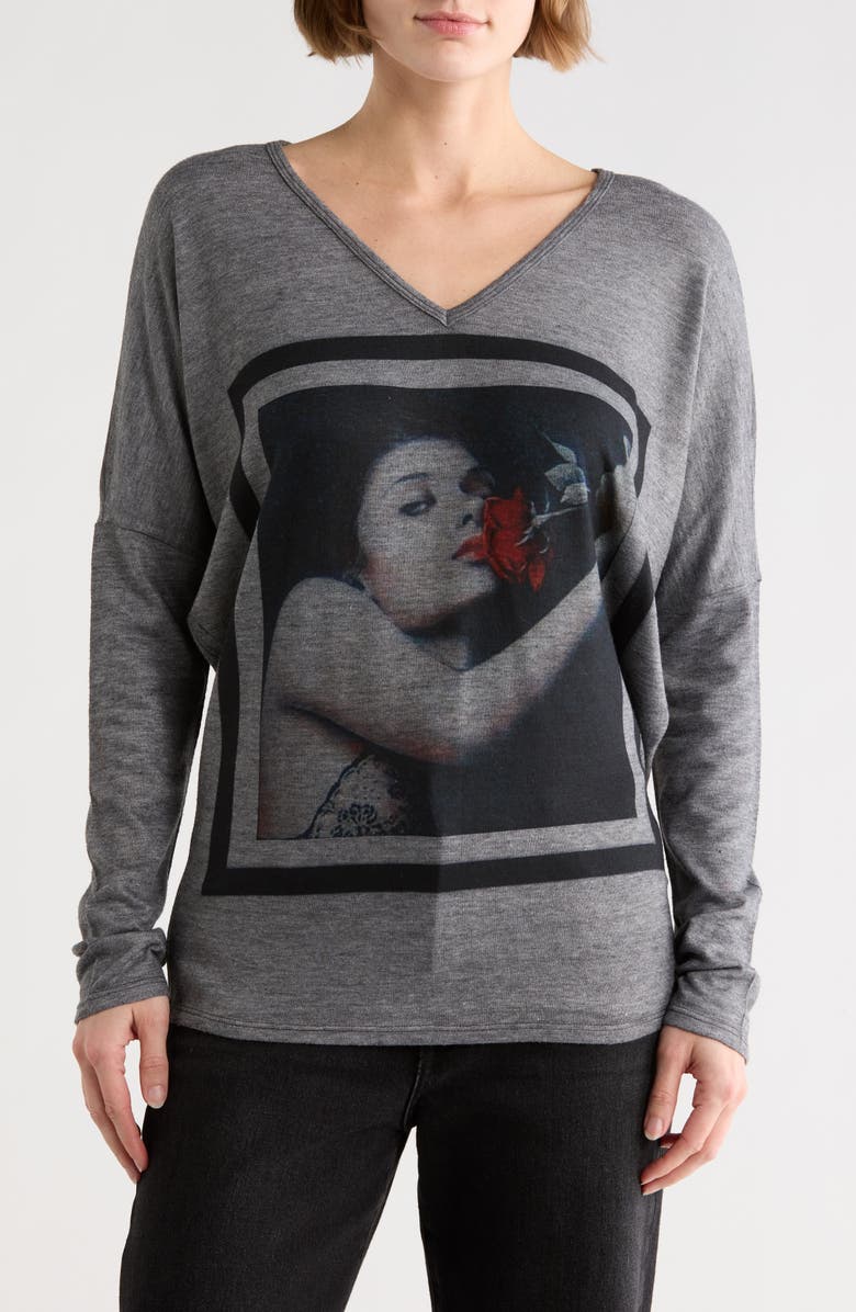 GO COUTURE Romantic Rose Graphic Sweater, Main, color, Charcoal Print