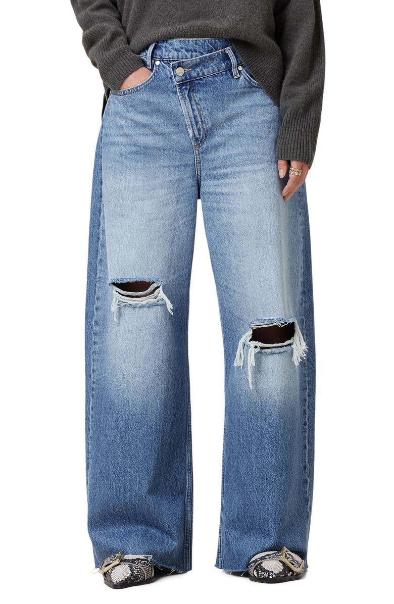AllSaints Aki Crossover Ripped Wide Leg Jeans, Main, color, Light Indigo