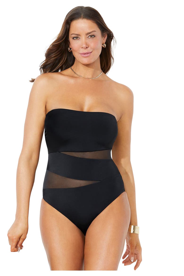 Mesh Wrap Bandeau One Piece Swimsuit, Main, color, Black