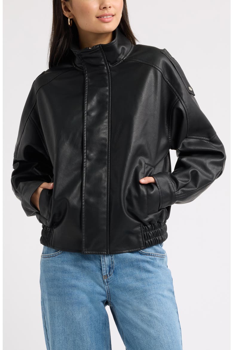 Funnel Neck Faux Leather Jacket, Main, color, BLACK