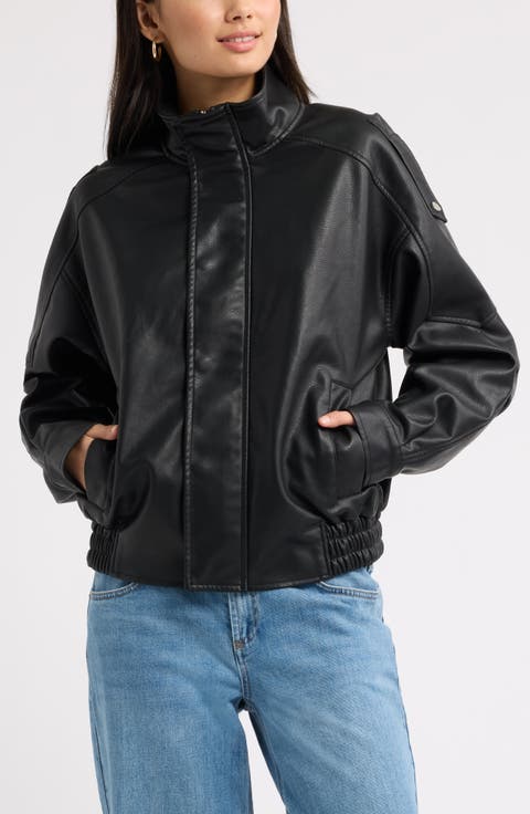 Funnel Neck Faux Leather Jacket