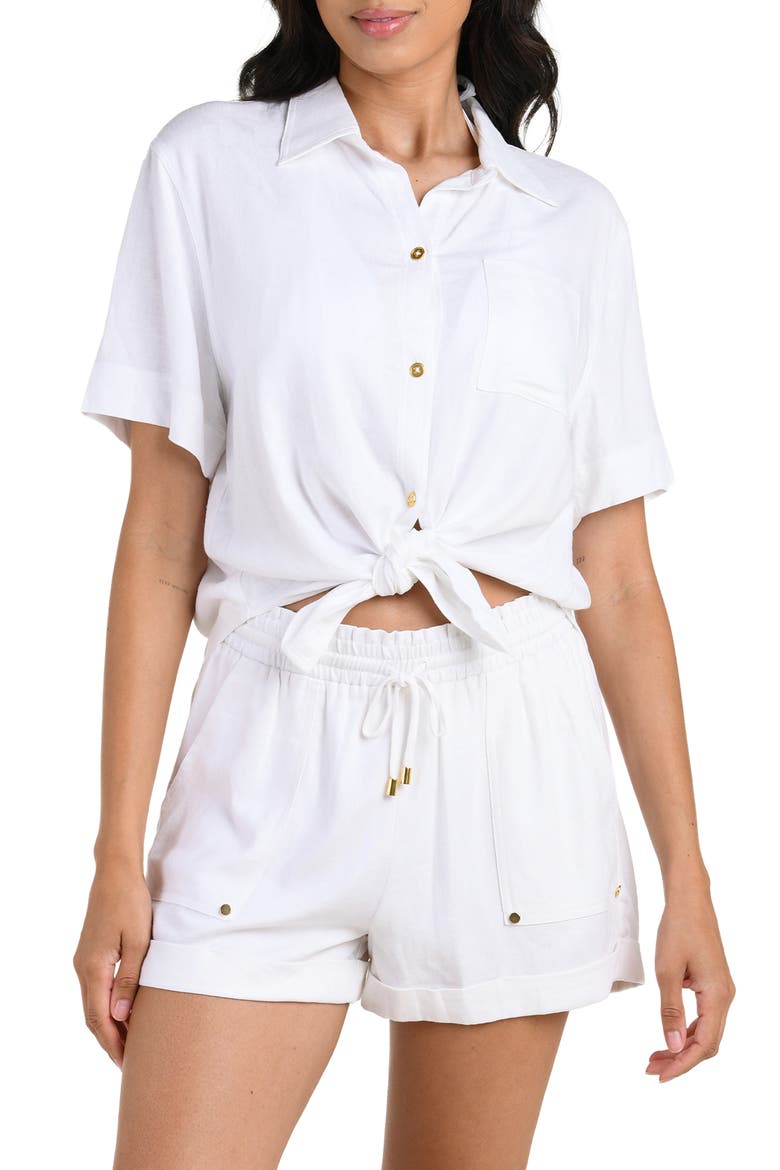 Delphine Coast Knotted Cover-Up Shirt, Main, color, WHITE