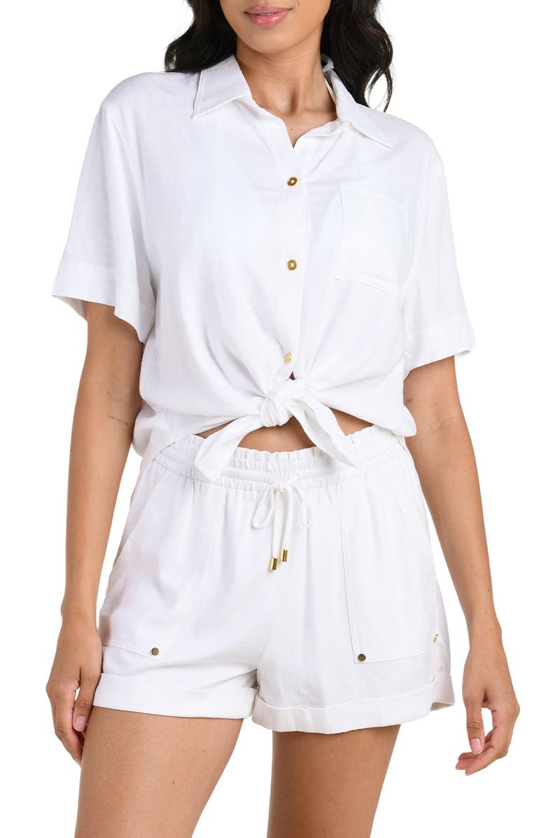 La Blanca Delphine Coast Knotted Cover-Up Shirt, Main, color, White
