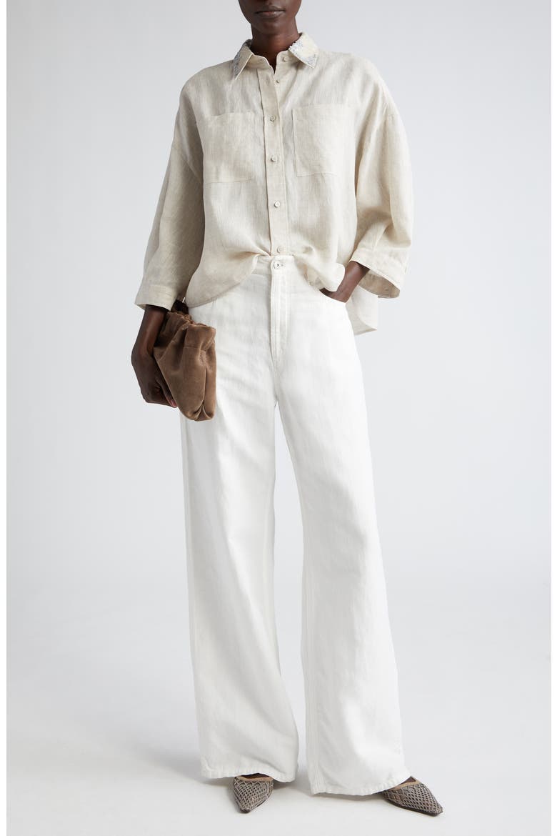 Bead & Sequin Embellished Collar Linen Button-Up Shirt, Alternate, color, C020 NATURAL