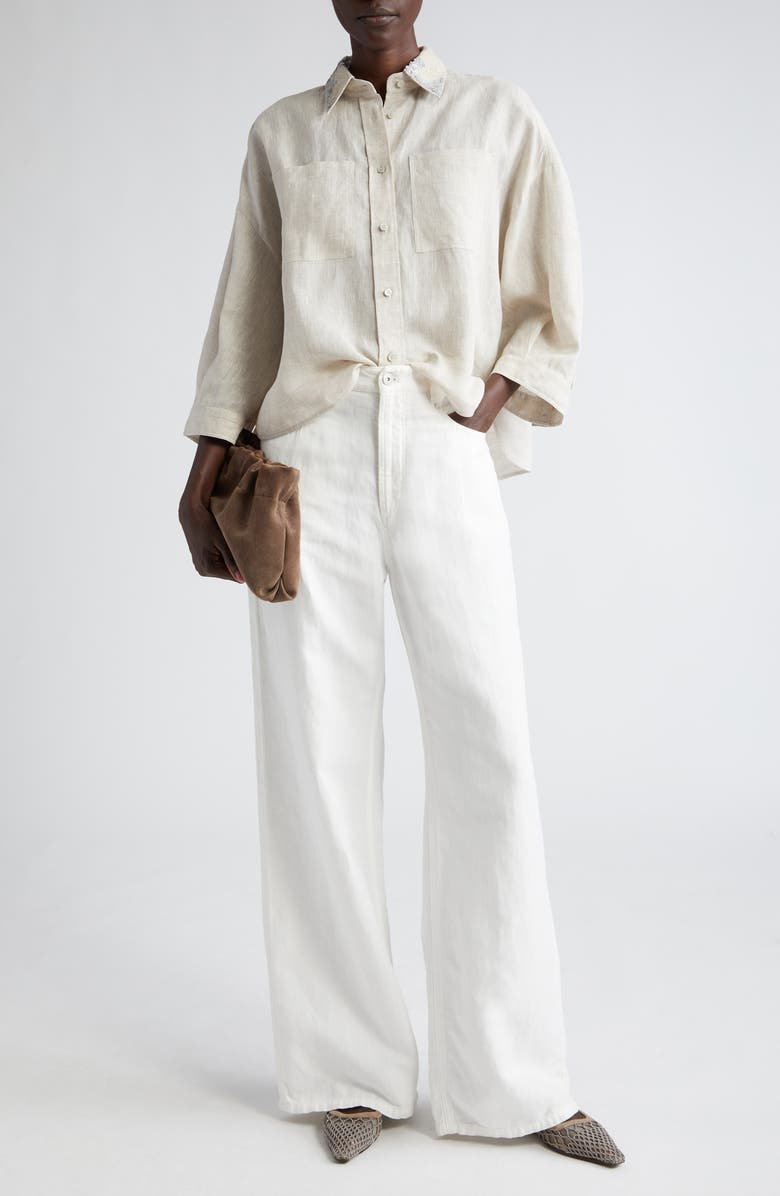 Brunello Cucinelli Bead & Sequin Embellished Collar Linen Button-Up Shirt, Alternate, color, 