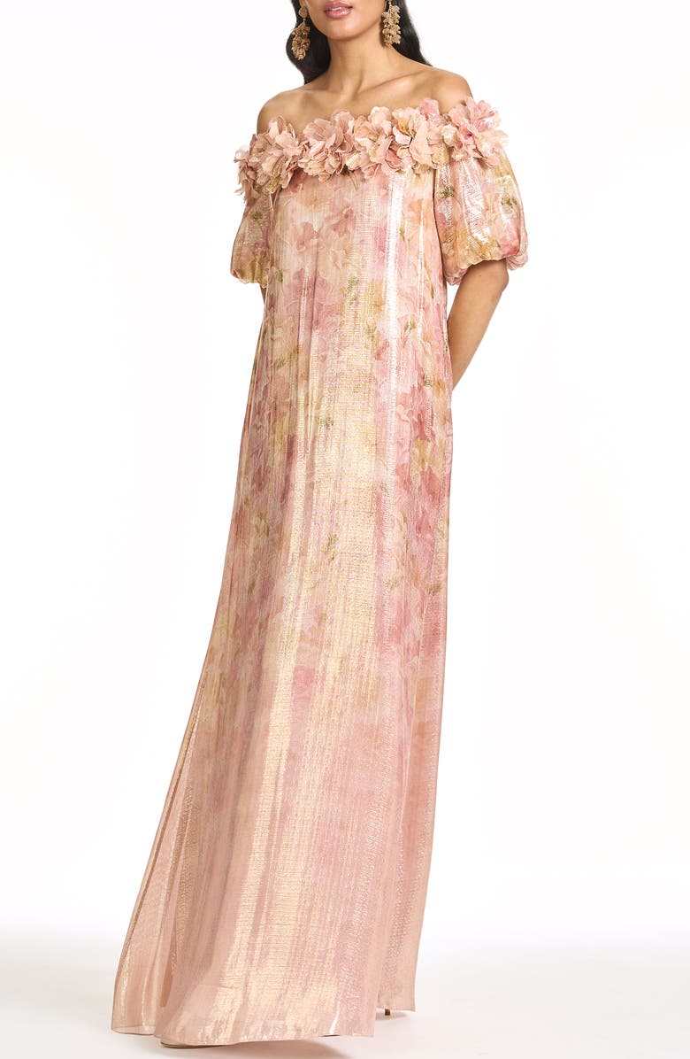 Sachin & Babi Valentina Metallic 3-D Floral Detail Off the Shoulder Gown, Main, color, Sunset Garden