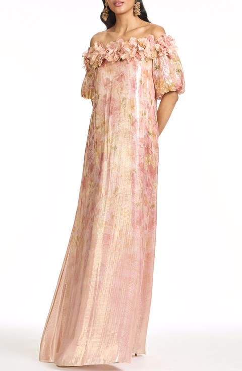 Valentina Metallic 3-D Floral Detail Off the Shoulder Gown