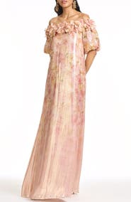 Sachin & Babi Valentina Metallic 3-D Floral Detail Off the Shoulder Gown