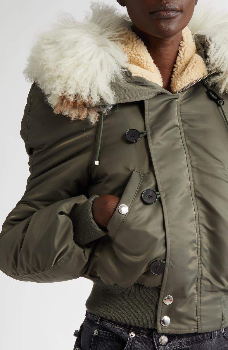 McQueen Hooded Bomber Jacket with Genuine Shearling Trim, Alternate, color, Cargo Green