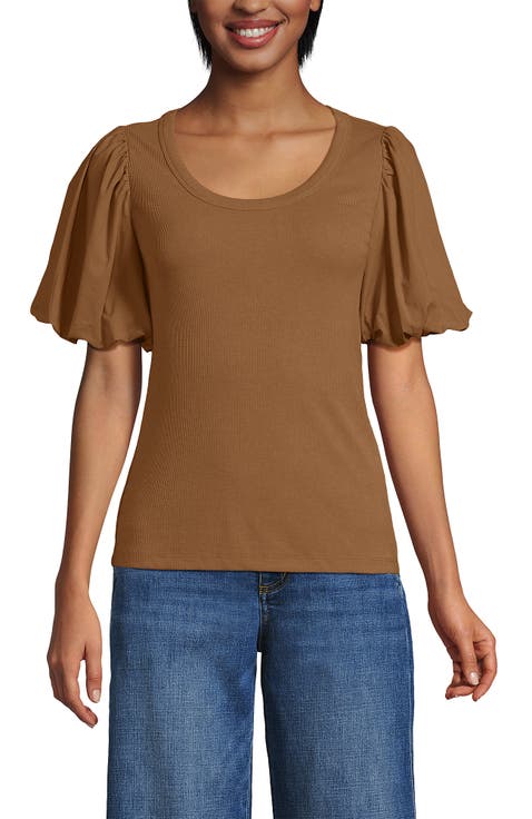 Drapey Rib Puff Sleeve Scoop Neck Top