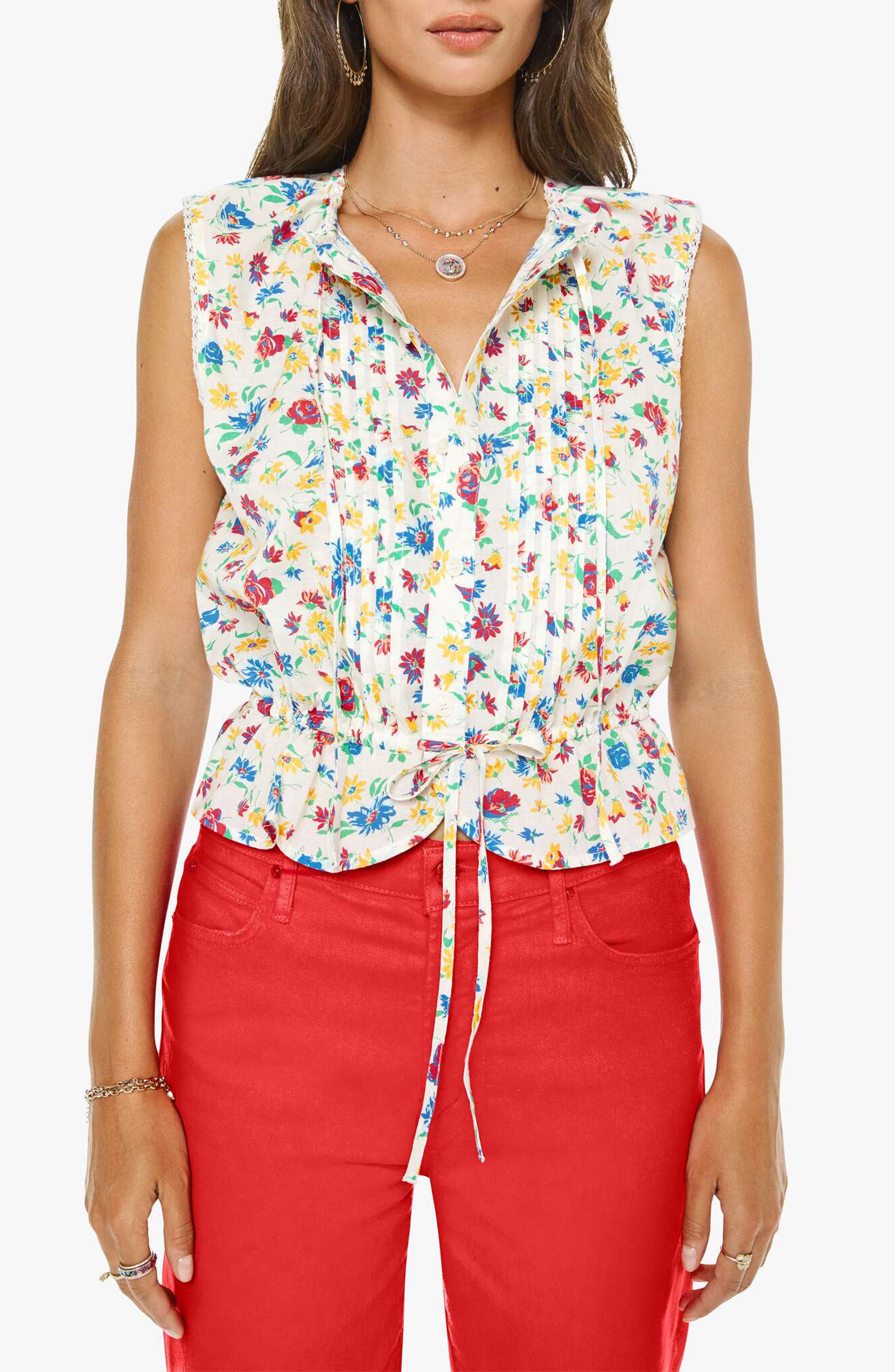 The Love Letter Floral Sleeveless Cotton Drawstring Waist Shirt
