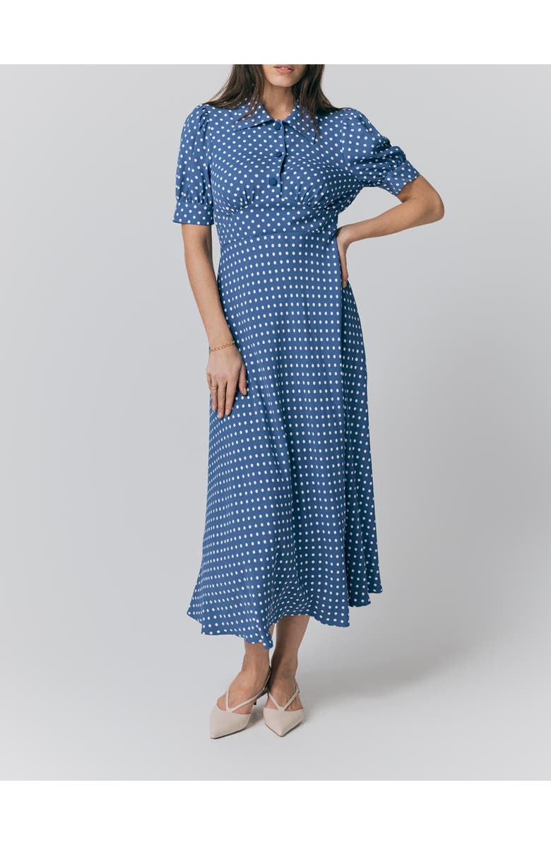 Ghost London Wilma Crepe Polka Dot Midi Tea Dress, Alternate, color, Navy Spot