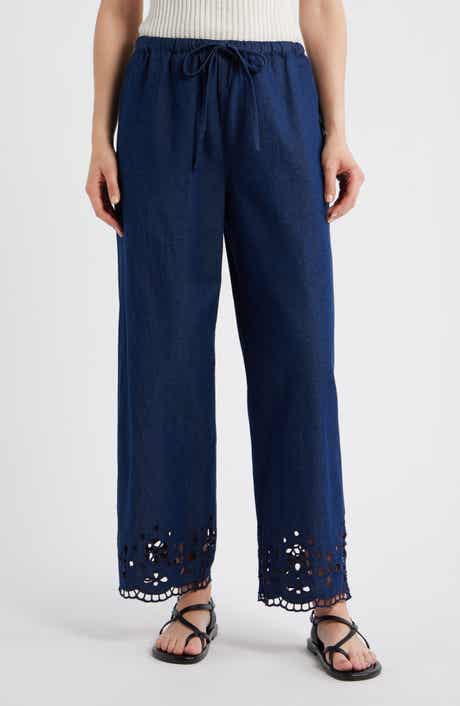 Eyelet Denim Pull-On Pants
