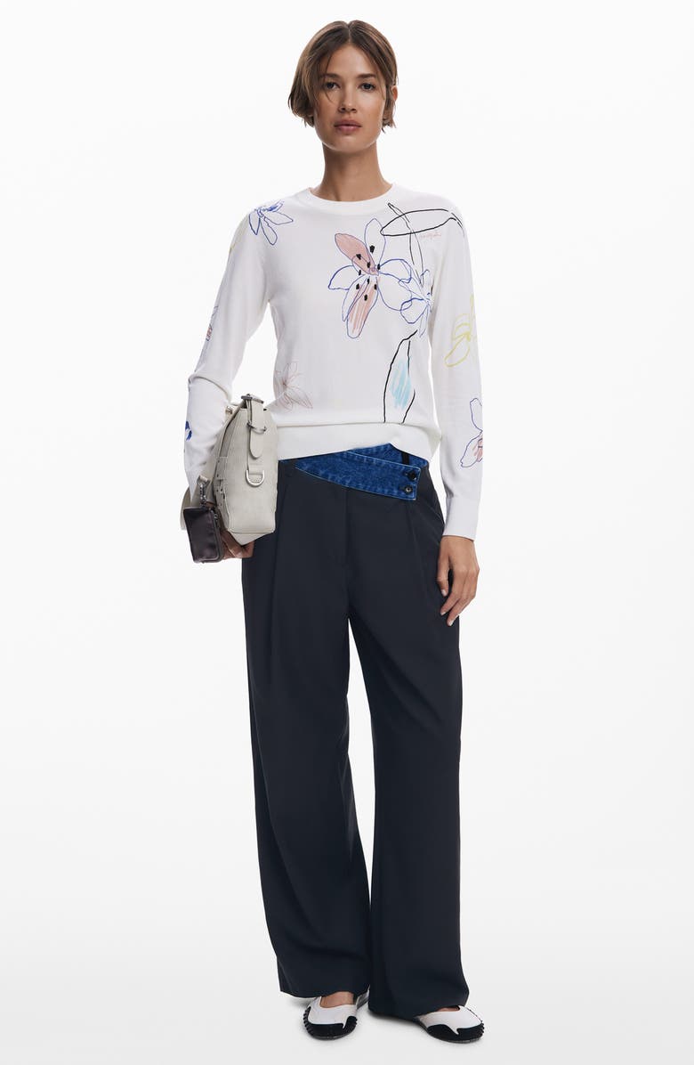 Desigual Floral Crewneck Sweater, Alternate, color, White