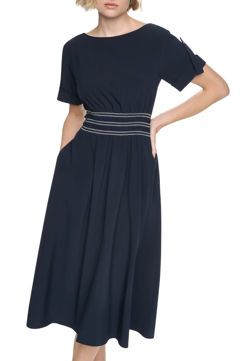 Commuter Solid Short Sleeve Dress, Alternate, color, INDIGO