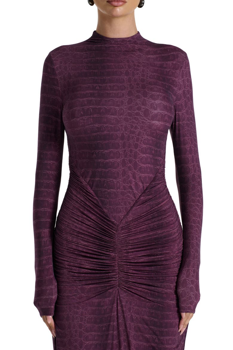 Snakeskin Print Long Sleeve Ruched Dress, Alternate, color, DARK PLUM CROCODILE