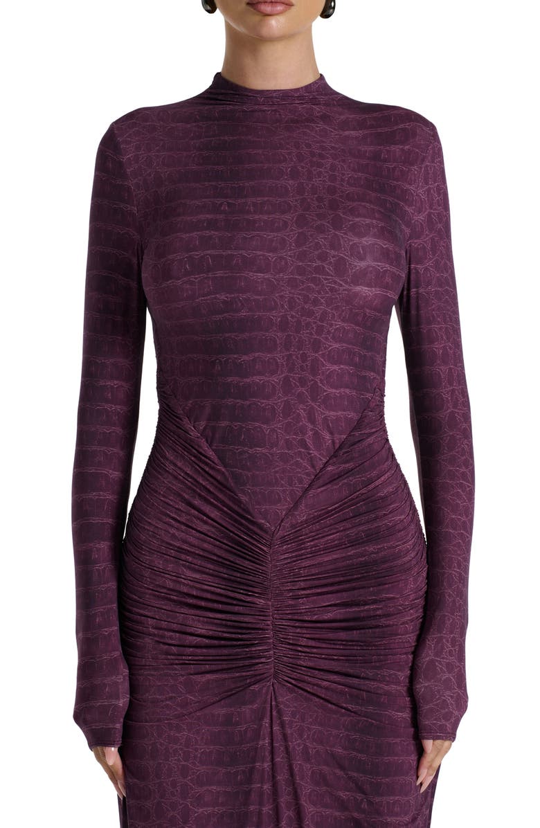 Naked Wardrobe Snakeskin Print Long Sleeve Ruched Dress, Alternate, color, Dark Plum Crocodile