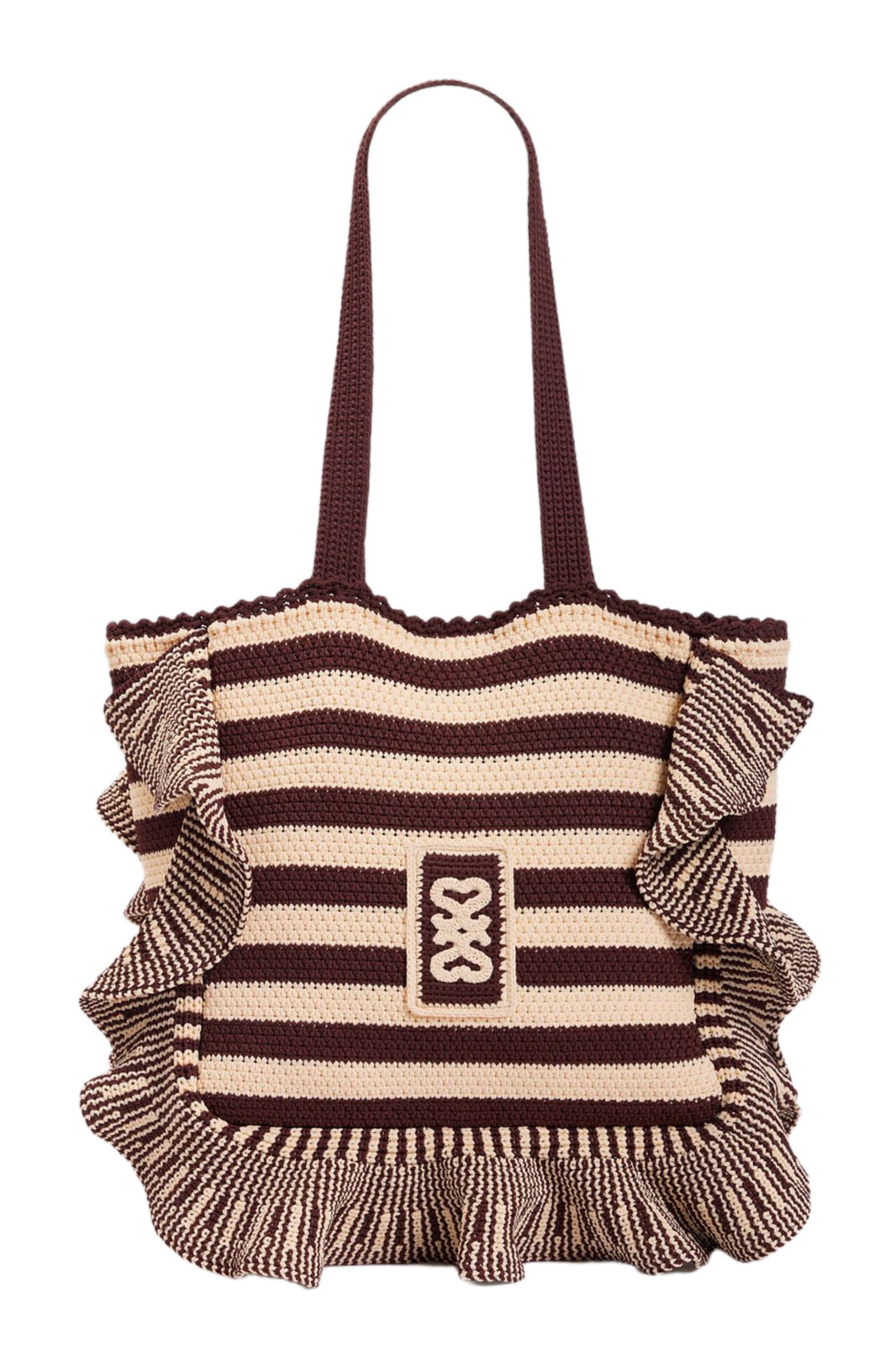 SANDRO Striped crochet bag, Main, color, Ecru / Brown
